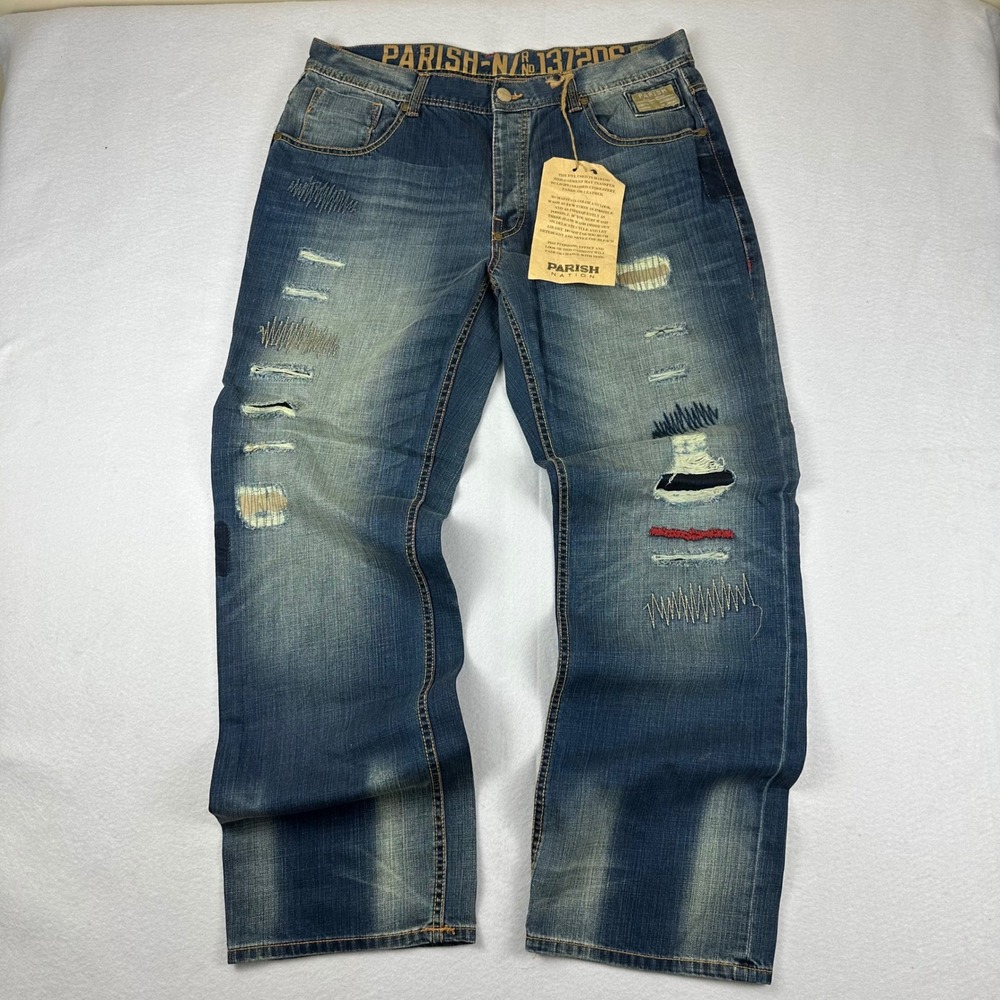 Y2K Parish Nation Distressed Embroidered Patch Jeans Blue Size 38 NWT